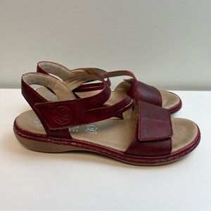 Rieker Red Strappy Sandals Leather Size 8 Comfort Velcro Ankle Strap Flat